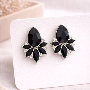 Black Crystal Statement Stud Earrings | Rhinestone Cluster Evening Earrings